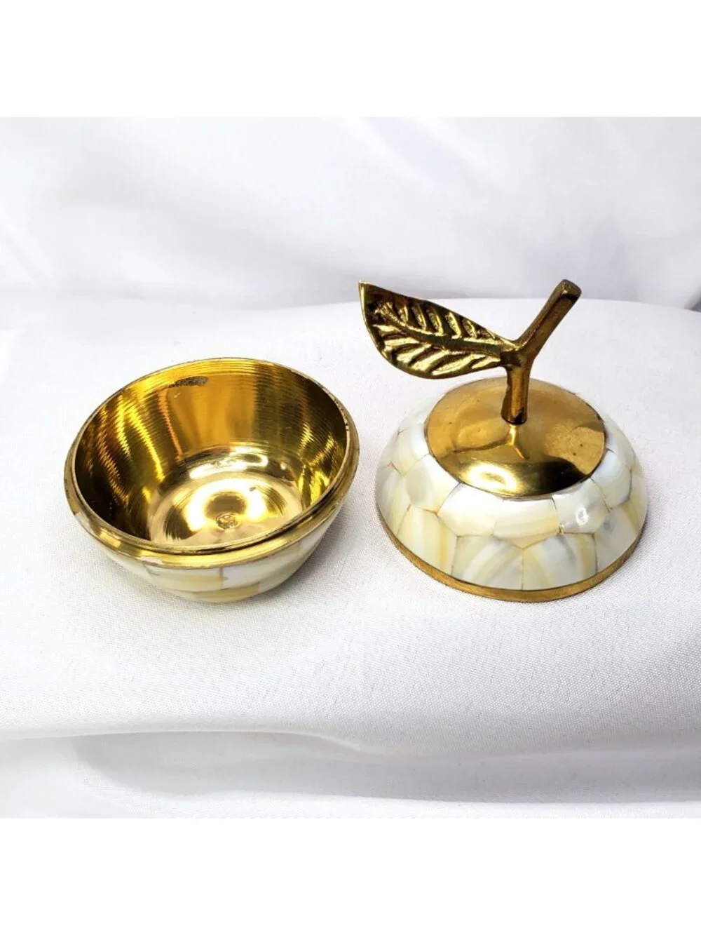 Mother Of Pearl and Brass Decorative Apple Trinket Box Lid And Leaf Accent